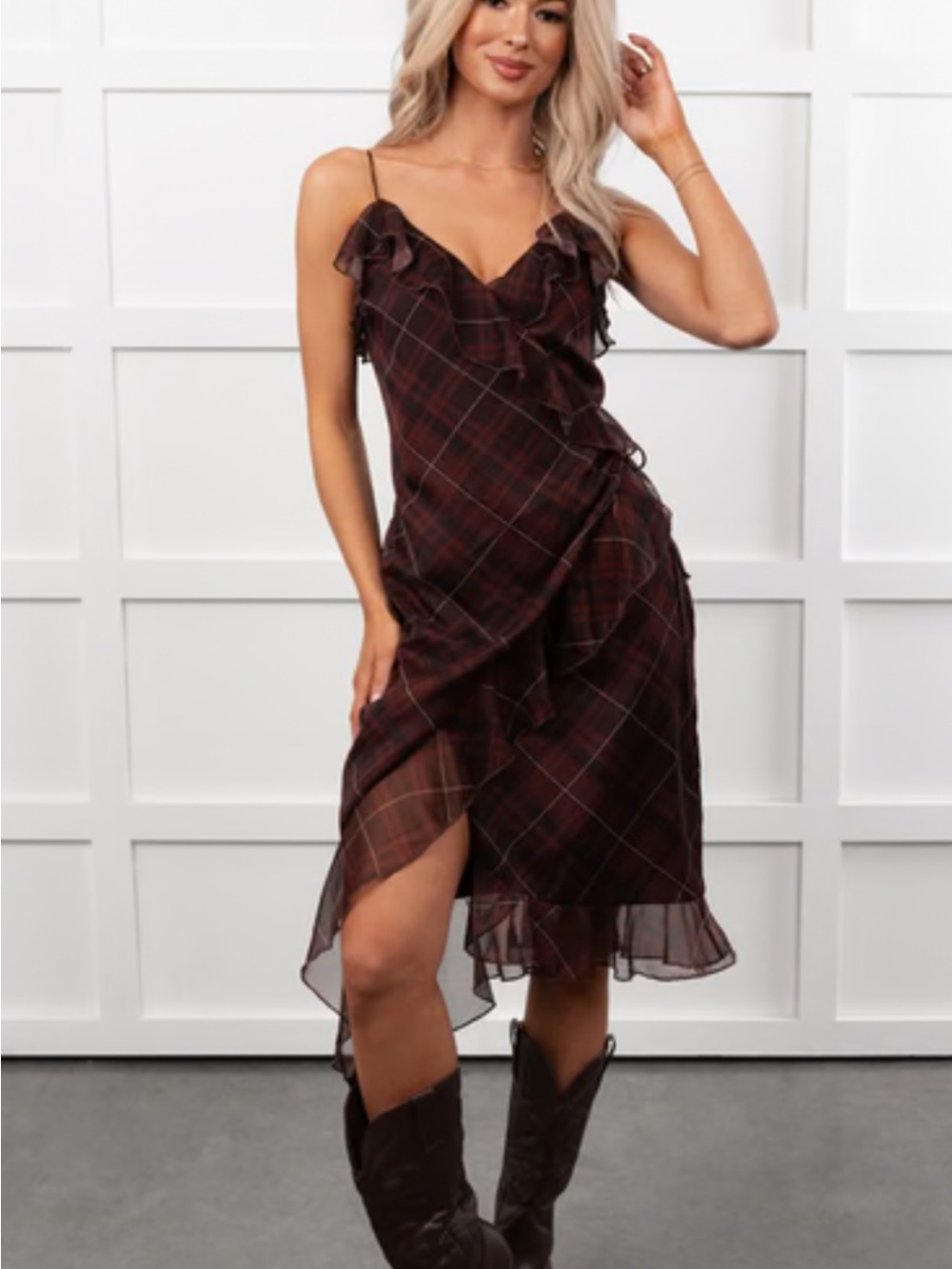 NanaMacs Brown Plaid Ruffle Wrap Midi Dress